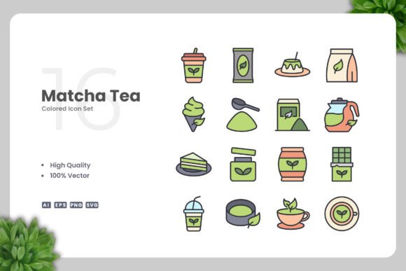 Matcha Tea Colored Icons for Versatile Design Projects
