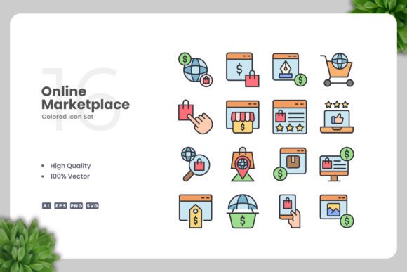 Online Marketplace Colored Icons for Clean Modern Design