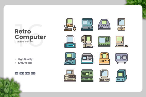 Retro Computer Colored Icons for Clean, Versatile Design Projects